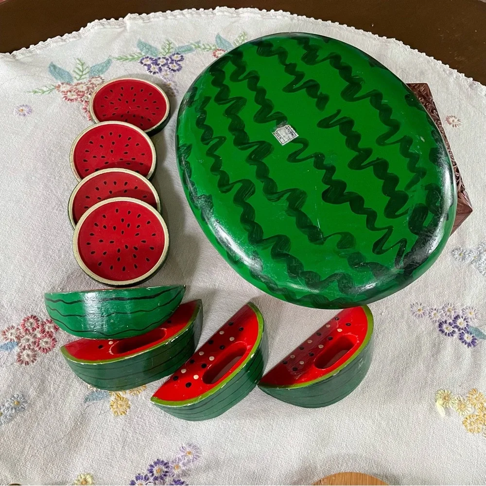 Vintage Wooden Watermelon Cocktail Tray Set. 4 Coasters & 4 Napkin Holders. 14